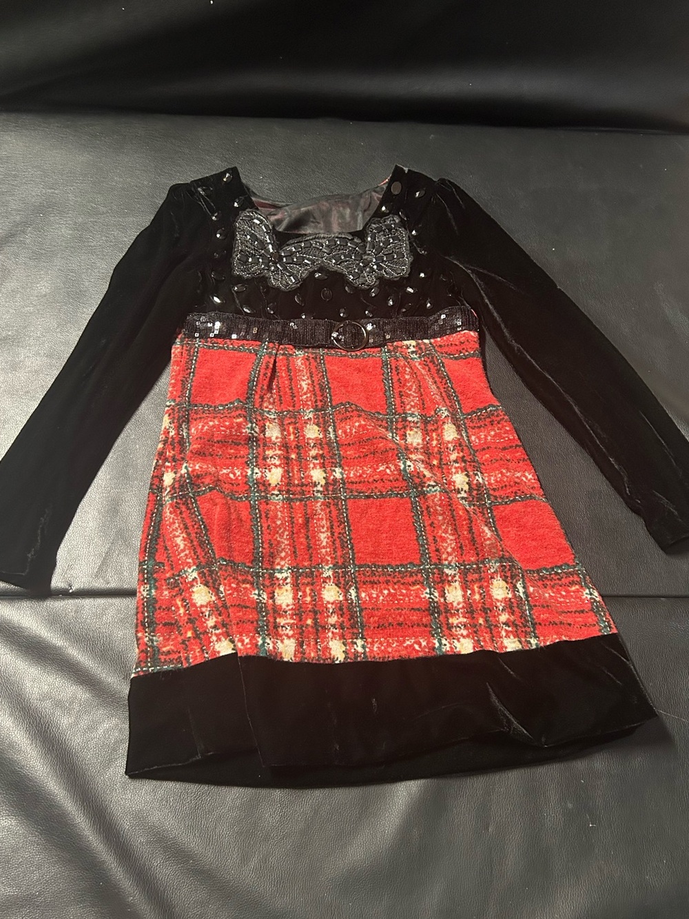 Girls Black Velvet & Red Plaid Holiday Dress Long Sleeve Sequin Bow Belt Size S